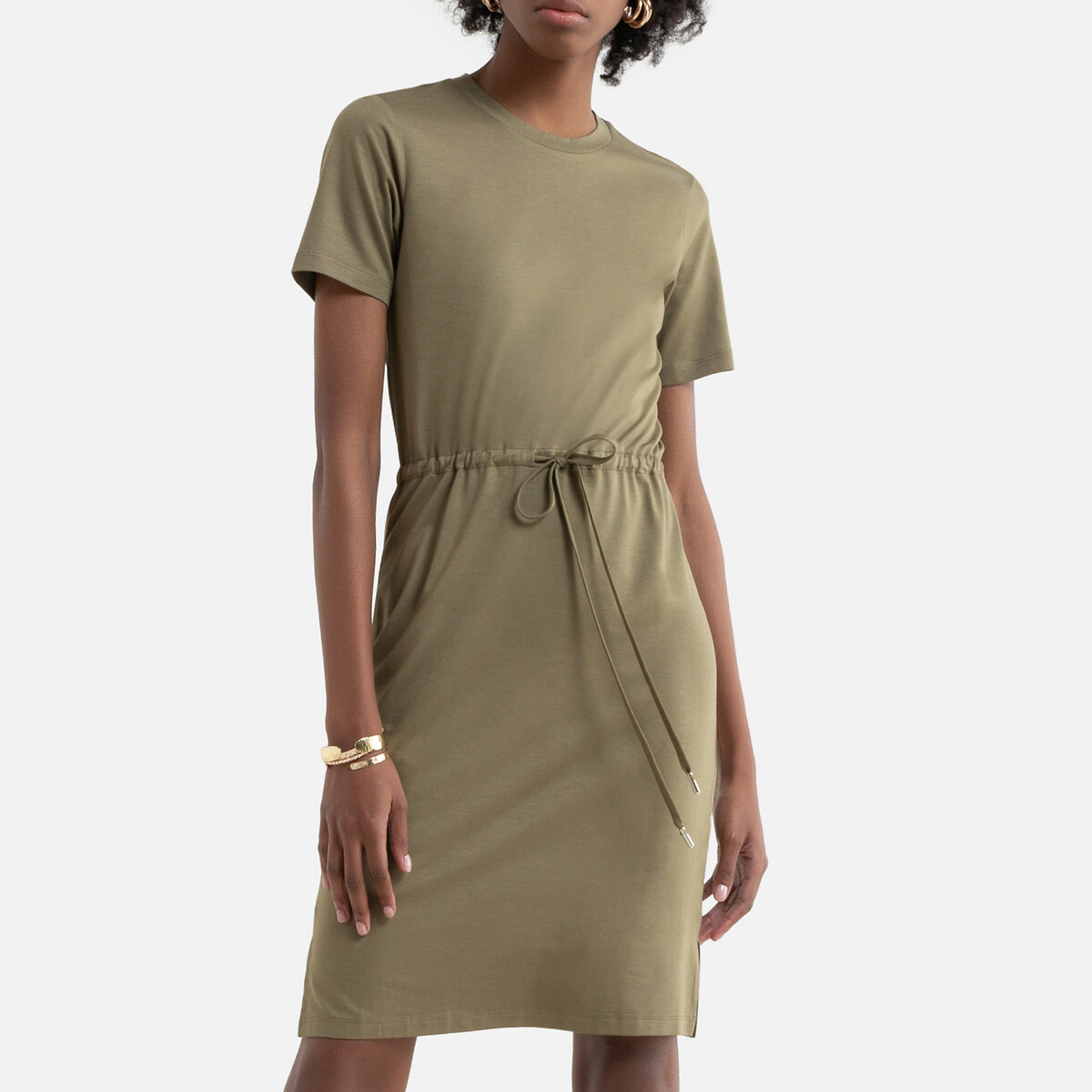 T-shirt dress with drawstring waist and ...